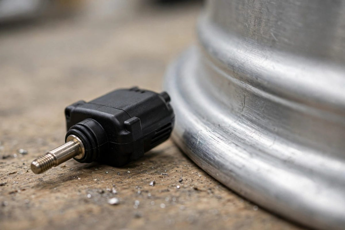 Close-up of a TPMS tire pressure sensor resting beside an alloy wheel rim
