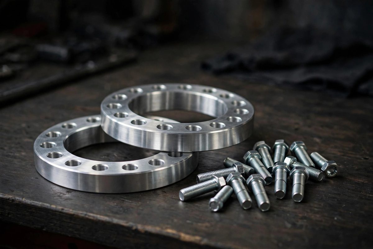 Aluminum wheel spacers and lug bolts arranged on a garage workbench
