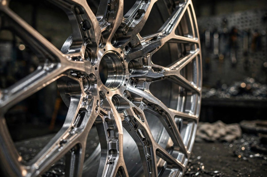 Close-up of a machined forged alloy wheel with intricate spokes in a workshop