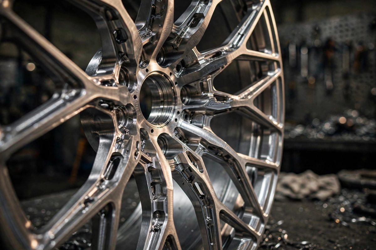 Close-up of a machined forged alloy wheel with intricate spokes in a workshop
