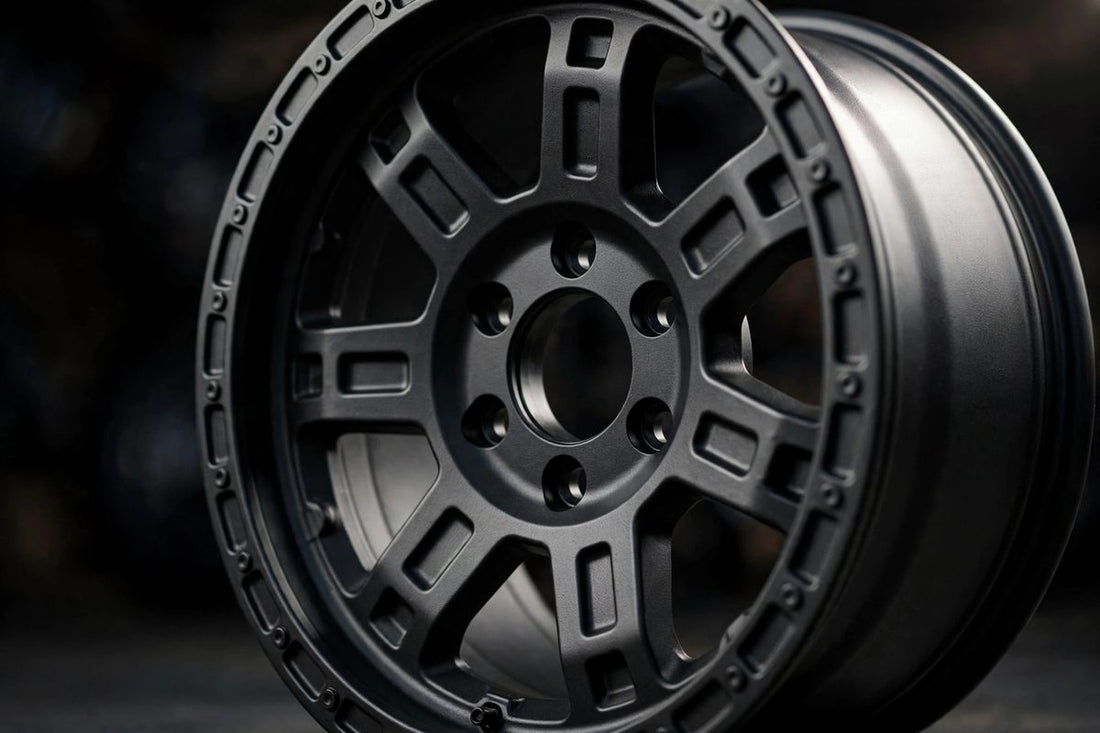 Close-up of a matte black truck wheel showing the six-lug bolt pattern
