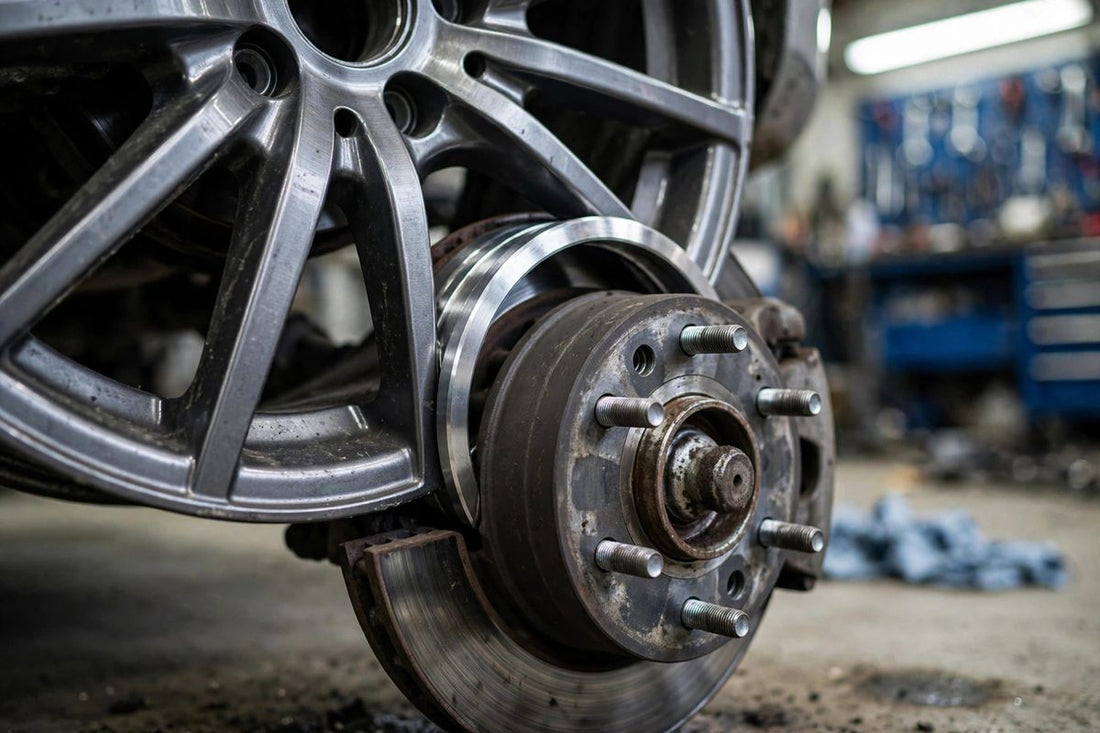 Alloy wheel center bore mounting onto a vehicle hub in a garage