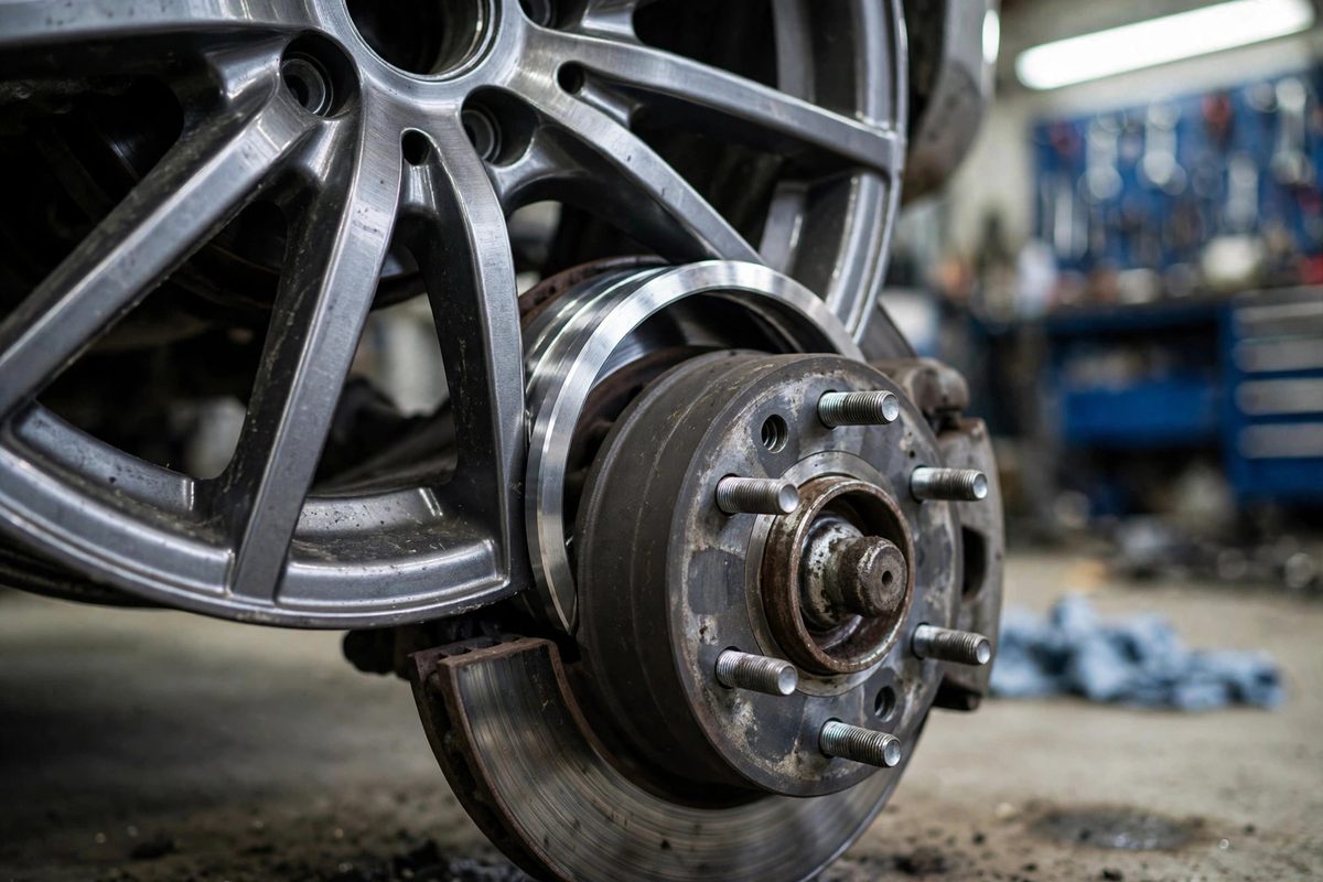 Alloy wheel center bore mounting onto a vehicle hub in a garage