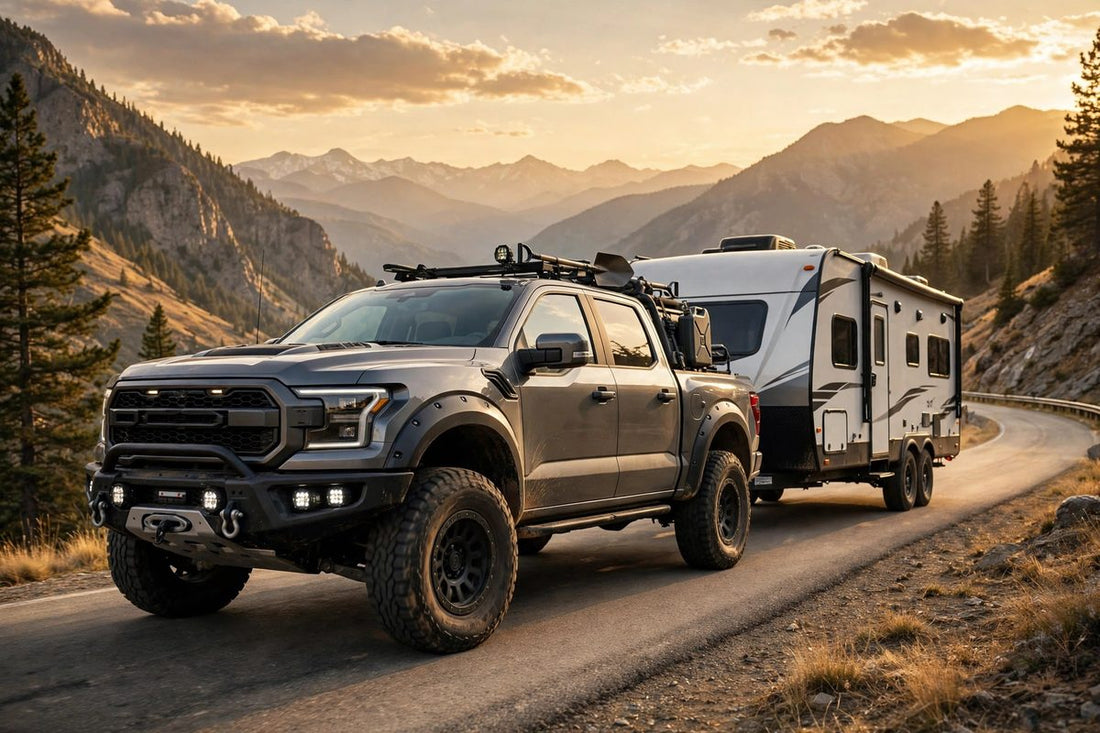 Pickup truck towing a travel trailer on a mountain highway