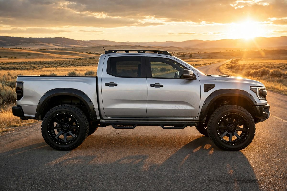 Silver pickup truck with wide-stance aftermarket wheels at sunset