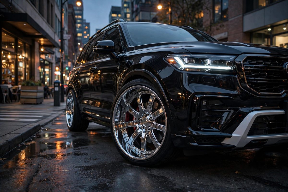 Black SUV with large chrome plus-sized aftermarket wheels