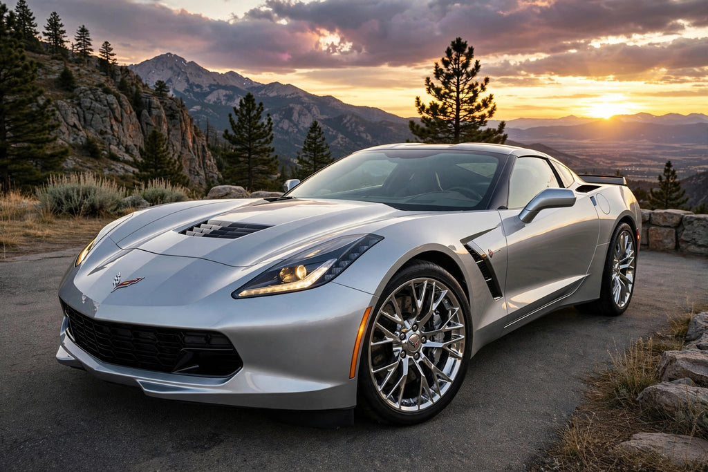 Silver Chevrolet Corvette parked at a mountain overlook at sunset with chrome 10-spoke alloy wheels