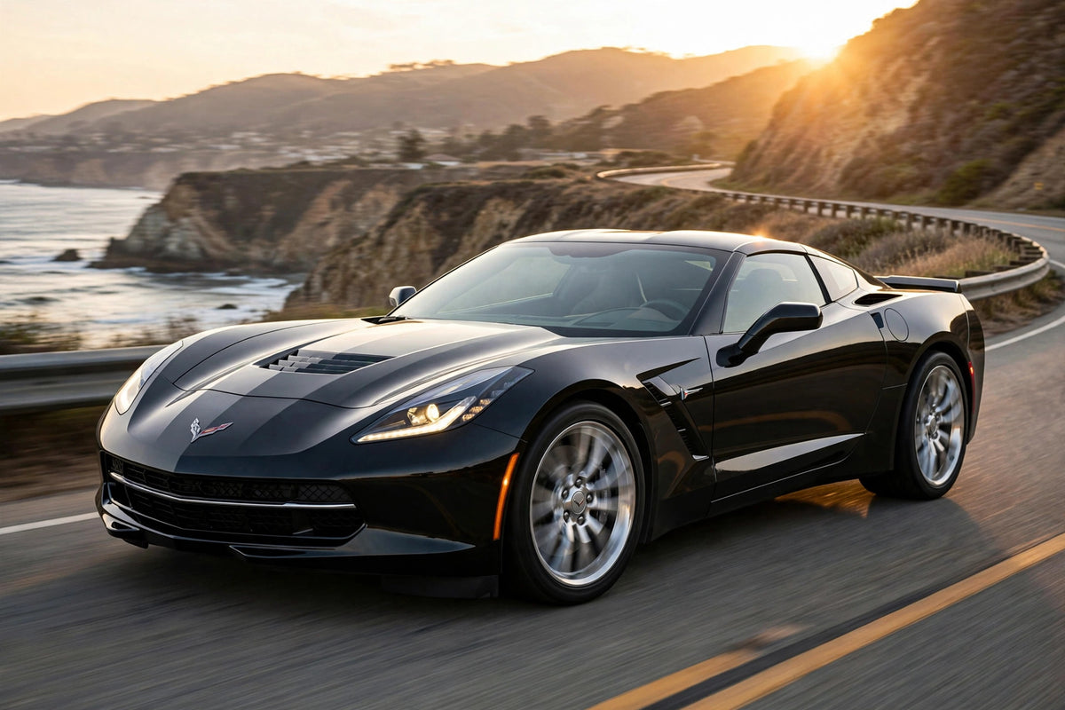Black Chevrolet Corvette driving on a scenic coastal road with chrome 10-spoke alloy wheels